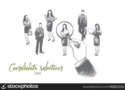 Candidate selection concept. Hand drawn huge hand pointing at one of candidates for job. Concept of recruiting isolated vector illustration.. Candidate selection concept. Hand drawn isolated vector.