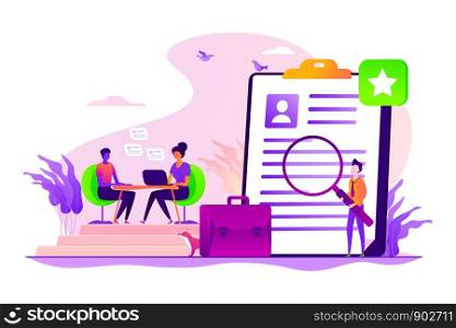Candidate sourcing, resume research. Applying for position at company. Job interview, employment process, choosing a candidate concept. Vector isolated concept creative illustration. Job interview concept vector illustration
