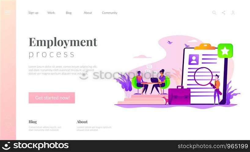 Candidate sourcing, resume research. Applying for position at company. Job interview, employment process, choosing a candidate concept. Website homepage header landing web page template.. Job interview landing page template