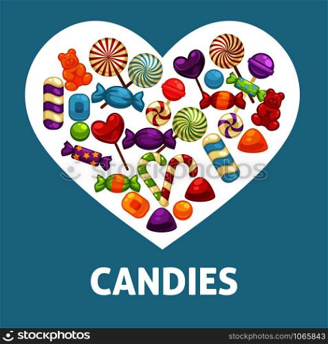 Candies and caramel sweets poster for confectionery or candy shop. Vector icons of marmalade bears, lollipops sugar suckers or hard candy sweetmeats and toffee comfits and candy canes assortment. Candies and caramel sweets poster for confectionery or candy shop.