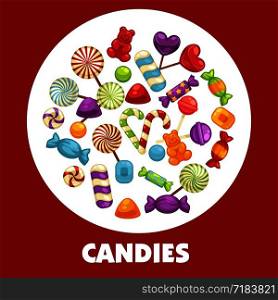 Candies and caramel sweets poster for confectionery or candy shop. Vector icons of marmalade bears, lollipops sugar suckers or hard candy sweetmeats and toffee comfits and candy canes assortment. Candies and caramel sweets poster for confectionery or candy shop.