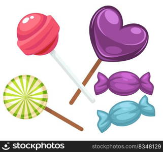 Candies and lollipop, sweets and dessert for children, isolated treats assortment. Delicious confectionery products in shop or store for holiday. Decorative wrapping. Vector in flat style illustration. Lollipop candies, sweets and dessert caramel set