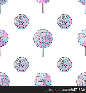 Candies. Cute pattern with sweets. Round purple lollipops seamless pattern. Print for cloth design, textile, fabric, wallpaper, wrapping. Print for cloth design, textile, fabric, wallpaper