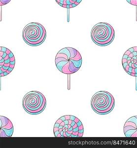 Candies. Cute pattern with sweets. Round purple lollipops seamless pattern. Print for cloth design, textile, fabric, wallpaper, wrapping paper. Print for cloth design, textile, fabric, wallpaper