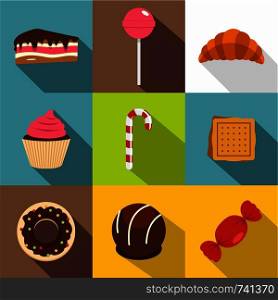 Candies icon set. Flat style set of 9 candies vector icons for web design. Candies icon set, flat style