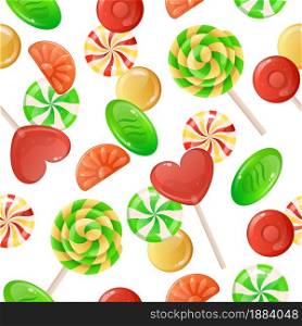 Candies pattern. Cartoon seamless decorative texture with sweet caramel lollipop and gummy jelly. Yummy toffee and chocolate bonbons. Sugary desserts background. Vector confectionery print mockup. Candies pattern. Cartoon seamless decorative texture with caramel lollipop and gummy jelly. Toffee and chocolate bonbons. Sugary desserts background. Vector confectionery print mockup