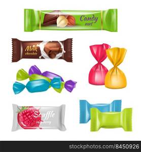 Candies realistic. Colored sugar sweets decoration covers for candies delicious chocolate food decent vector templates set isolated. Illustration of dessert snack candy, caramel and confection. Candies realistic. Colored sugar sweets decoration covers for candies delicious chocolate food decent vector templates set isolated
