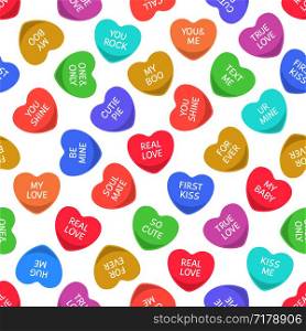 Candies seamless hearts pattern. Colorful candy, sweets heart for valentine day love writings, sweetheart message. Vector sticker pop teen wedding confetti texture. Candy seamless hearts pattern. Colorful heart candies, sweets for valentine day love writings, sweetheart message. Vector texture