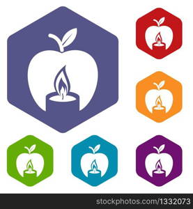 Candle apple icons vector colorful hexahedron set collection isolated on white. Candle apple icons vector hexahedron