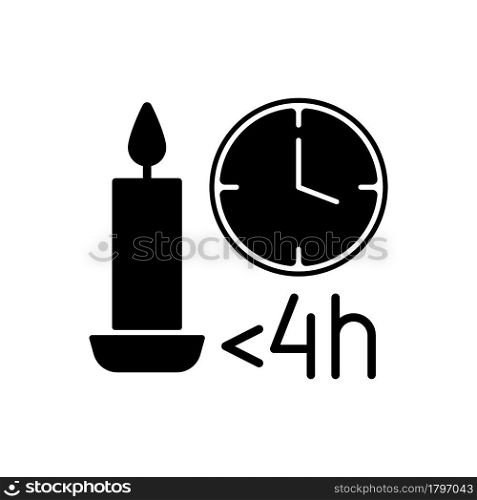 Candle burn time limit black glyph manual label icon. Preventing wax from overheating and melting. Silhouette symbol on white space. Vector isolated illustration for product use instructions. Candle burn time limit black glyph manual label icon