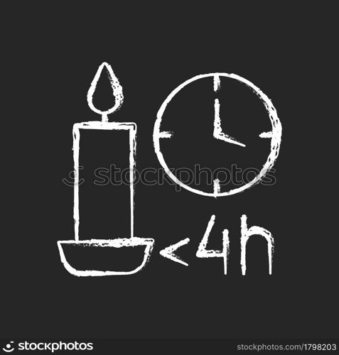 Candle burn time limit chalk white manual label icon on dark background. Preventing wax from overheating and melting. Isolated vector chalkboard illustration for product use instructions on black. Candle burn time limit chalk white manual label icon on dark background