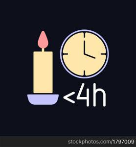 Candle burn time limit RGB color manual label icon for dark theme. Isolated vector illustration on night mode background. Simple filled line drawing on black for product use instructions. Candle burn time limit RGB color manual label icon for dark theme