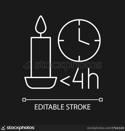 Candle burn time limit white linear manual label icon for dark theme. Thin line customizable illustration for product use instructions. Isolated vector contour symbol for night mode. Editable stroke. Candle burn time limit white linear manual label icon for dark theme