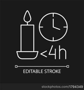 Candle burn time limit white linear manual label icon for dark theme. Thin line customizable illustration for product use instructions. Isolated vector contour symbol for night mode. Editable stroke. Candle burn time limit white linear manual label icon for dark theme