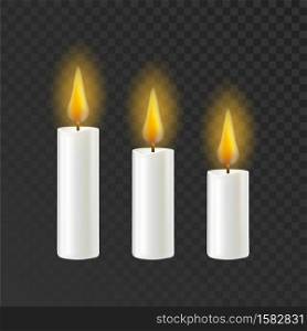 Candle Burning Flame Different Size Set Vector. Burn Lighting Candle Melt Collection. Celebration Ceremony Decorative Wax Paraffin Object Candlelight Template Realistic 3d Illustrations. Candle Burning Flame Different Size Set Vector