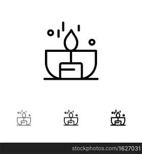 Candle, Dark, Light, Lighter, Shine Bold and thin black line icon set
