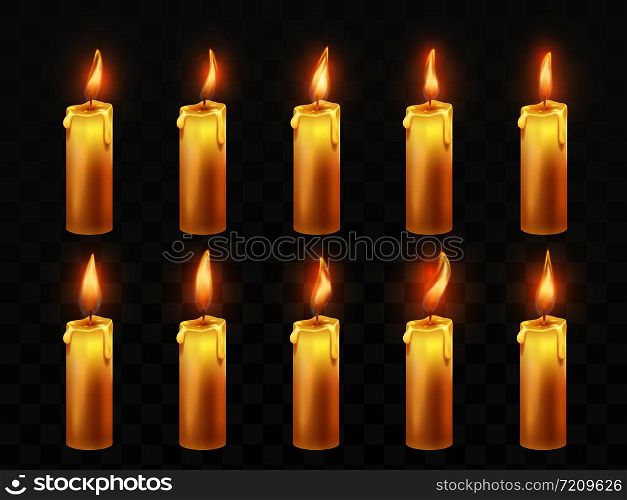 Candle fire animation. Burning orange wax candles, candlelight flame and animated fire flames, wax candle illuminate motion for game, video isolated realistic vector symbol. Candle fire animation. Burning orange wax candles, candlelight flame and animated fire flames isolated realistic vector symbol