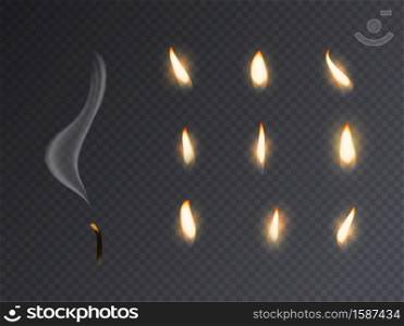 Candle fire flame. Realistic candlelight burning, extinguished with smoke 3d candles light and varios flames collection for animation picture, closeup vector set isolated on transparent background. Candle fire flame. Realistic candlelight burning, extinguished with smoke 3d candles light and varios flames collection for animation picture, vector set on transparent background
