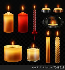 Candle fire. Wax candles for xmas party, romantic heat candlelight flame and lit flaming nightlight in glass. Flames for birthday cake or hanukkah decoration, isolated vector symbol set. Candle fire. Wax candles for xmas party, romantic heat candlelight and flaming nightlight isolated vector symbol