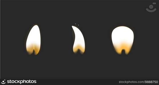 Candle flame burning realistic vector collection, realistic glowing fire on dark background decorative illustration.