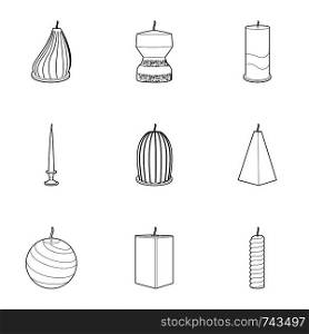 Candle for the holiday icons set. Outline set of 9 candle for the holiday vector icons for web isolated on white background. Candle for the holiday icons set, outline style