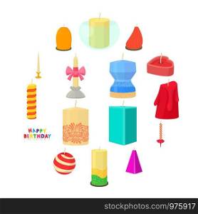 Candle forms icons set. Cartoon illustration of 16 candle forms vector icons for web. Candle forms icons set, cartoon style