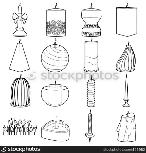 Candle forms icons set. Outline illustration of 16 candle forms vector icons for web. Candle forms icons set, outline style