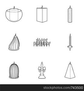 Candle forms icons set. Outline set of 9 candle forms vector icons for web isolated on white background. Candle forms icons set, outline style