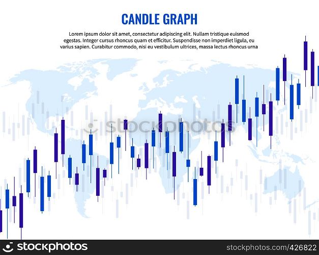 Candle graph. Stock market exchange marketing statistics risk finance trade investment indices growth chart world globe rising trading vector concept. Candle graph. Stock market exchange marketing statistics risk finance trade investment indices growth chart world globe vector concept