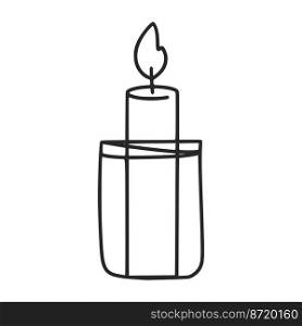 Candle in jar doodle illustration. Simple image burning candle. Home comfort item clip art isolated vector. Candle in jar doodle illustration