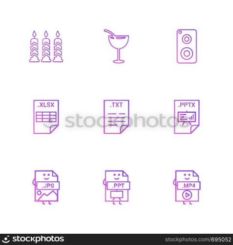 Candle , juice , mobile , xlsx, excel , txt file , pptx , power point , mp4 , video , ppt , power point , jpg , image ,icon, vector, design, flat, collection, style, creative, icons
