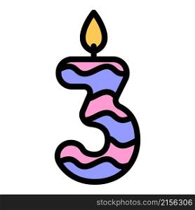 Candle number three icon. Outline candle number three vector icon color flat isolated. Candle number three icon color outline vector