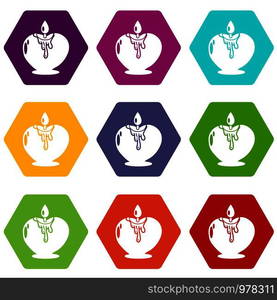 Candle romance icons 9 set coloful isolated on white for web. Candle romance icons set 9 vector