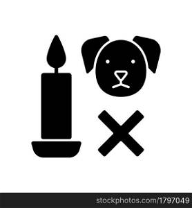 Candle safety for pets black glyph manual label icon. Keep burning candle away from dog. Fire hazard. Silhouette symbol on white space. Vector isolated illustration for product use instructions. Candle safety for pets black glyph manual label icon