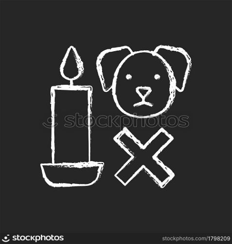Candle safety for pets chalk white manual label icon on dark background. Keep burning candle away from dog. Fire hazard. Isolated vector chalkboard illustration for product use instructions on black. Candle safety for pets chalk white manual label icon on dark background