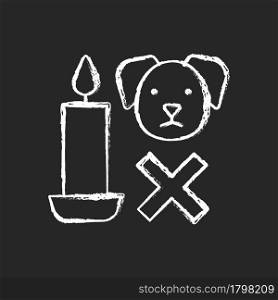 Candle safety for pets chalk white manual label icon on dark background. Keep burning candle away from dog. Fire hazard. Isolated vector chalkboard illustration for product use instructions on black. Candle safety for pets chalk white manual label icon on dark background