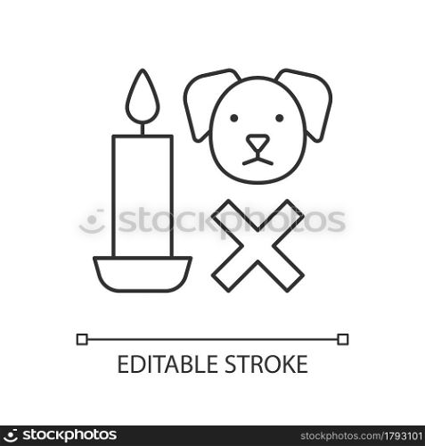 Candle safety for pets linear manual label icon. Keep away from dog. Thin line customizable illustration. Contour symbol. Vector isolated outline drawing for product use instructions. Editable stroke. Candle safety for pets linear manual label icon