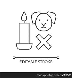 Candle safety for pets linear manual label icon. Keep away from dog. Thin line customizable illustration. Contour symbol. Vector isolated outline drawing for product use instructions. Editable stroke. Candle safety for pets linear manual label icon