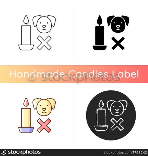 Candle safety for pets manual label icon. Keep burning candle away from dog, cat. Prevent fire hazards. Linear black and RGB color styles. Isolated vector illustrations for product use instructions. Candle safety for pets manual label icon