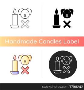 Candle safety for pets manual label icon. Keep burning candle away from dog, cat. Prevent fire hazards. Linear black and RGB color styles. Isolated vector illustrations for product use instructions. Candle safety for pets manual label icon