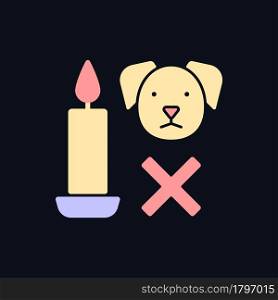 Candle safety for pets RGB color manual label icon for dark theme. Isolated vector illustration on night mode background. Simple filled line drawing on black for product use instructions. Candle safety for pets RGB color manual label icon for dark theme