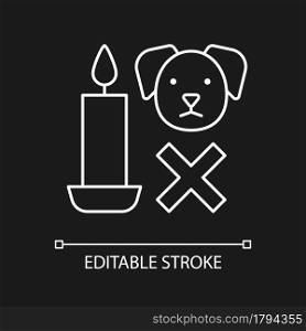 Candle safety for pets white linear manual label icon for dark theme. Thin line customizable illustration for product use instructions. Isolated vector contour symbol for night mode. Editable stroke. Candle safety for pets white linear manual label icon for dark theme