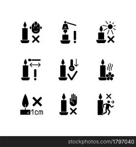 Candle safety precautions black glyph manual label icons set on white space. Keep kids away. Extinguish flame safely. Silhouette symbols. Vector isolated illustration for product use instructions. Candle safety precautions black glyph manual label icons set on white space