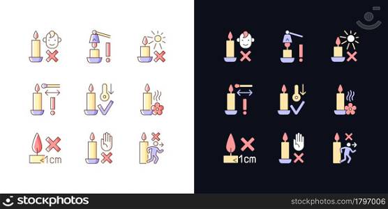 Candle safety precautions light and dark theme RGB color manual label icons set. Isolated vector illustrations on white and black space. Simple filled line drawings pack for product use instructions. Candle safety precautions light and dark theme RGB color manual label icons set