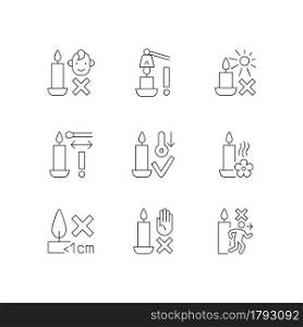 Candle safety precautions linear manual label icons set. Keep kids away. Customizable thin line contour symbols. Isolated vector outline illustrations for product use instructions. Editable stroke. Candle safety precautions linear manual label icons set