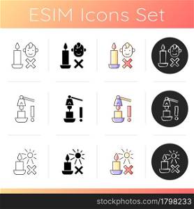 Candle safety precautions manual label icons set. Extinguish flame correctly. Avoiding direct sunlight. Linear, black and RGB color styles. Isolated vector illustrations for product use instructions. Candle safety precautions manual label icons set