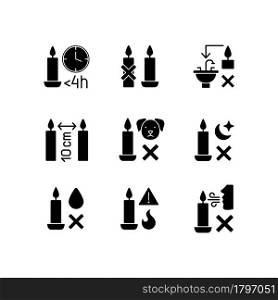 Candle safety regulations black glyph manual label icons set on white space. Use candleholder. Leftover wax disposal. Silhouette symbols. Vector isolated illustration for product use instructions. Candle safety regulations black glyph manual label icons set on white space