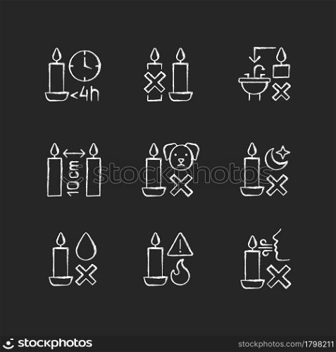 Candle safety regulations chalk white manual label icons set on dark background. Use candleholder. Leftover wax disposal. Isolated vector chalkboard illustrations for product use instructions on black. Candle safety regulations chalk white manual label icons set on dark background