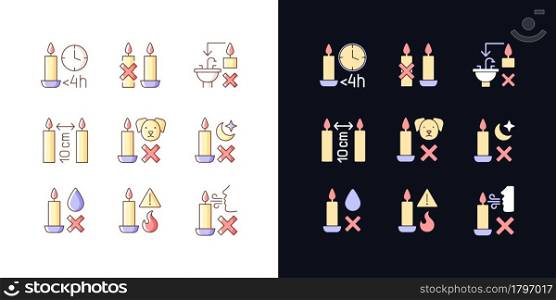 Candle safety regulations light and dark theme RGB color manual label icons set. Isolated vector illustrations on white and black space. Simple filled line drawings pack for product use instructions. Candle safety regulations light and dark theme RGB color manual label icons set