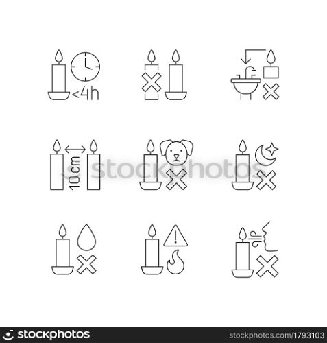 Candle safety regulations linear manual label icons set. Leftover disposal. Customizable thin line contour symbols. Isolated vector outline illustrations for product use instructions. Editable stroke. Candle safety regulations linear manual label icons set